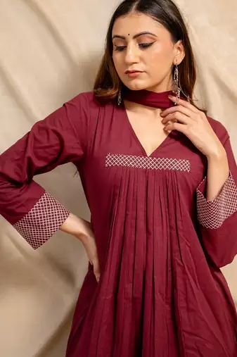 Wine solid cotton kurta with straight pants & dupatta  set of 3