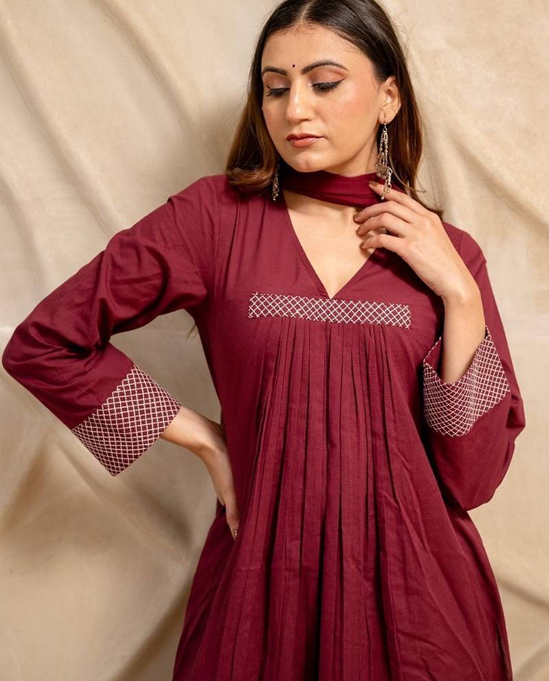 Wine solid cotton kurta with straight pants & dupatta  set of 3