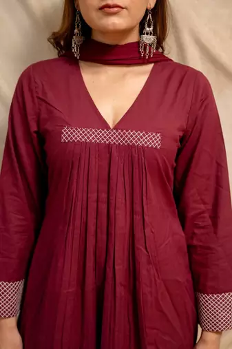Wine solid cotton kurta with straight pants & dupatta  set of 3