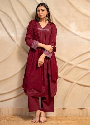 Wine solid cotton kurta with straight pants & dupatta  set of 3 4