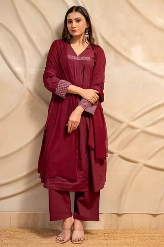 Wine solid cotton kurta with straight pants & dupatta  set of 3