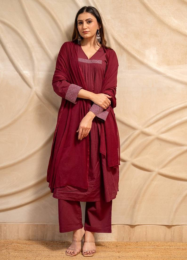 Wine solid cotton kurta with straight pants & dupatta  set of 3