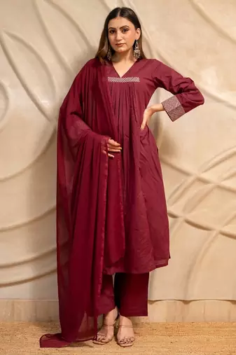 Wine solid cotton kurta with straight pants & dupatta  set of 3