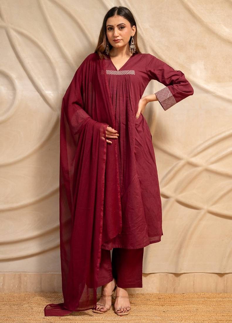Wine solid cotton kurta with straight pants & dupatta  set of 3