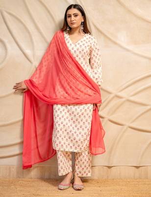 Cream floral printed cotton kurta with straight pants & dupatta  set of 3 1