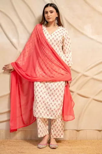 Cream floral printed cotton kurta with straight pants & dupatta  set of 3