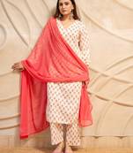 Cream floral printed cotton kurta with straight pants & dupatta  set of 3