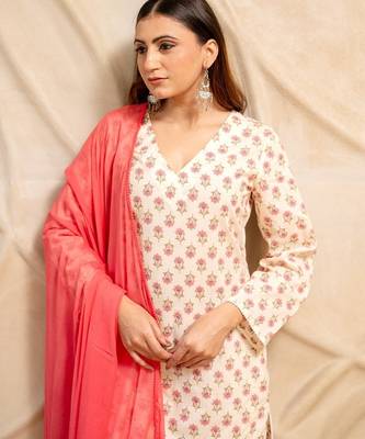 Cream floral printed cotton kurta with straight pants & dupatta  set of 3 2