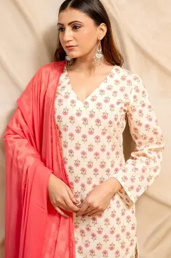 Cream floral printed cotton kurta with straight pants & dupatta  set of 3