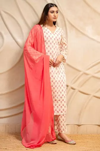 Cream floral printed cotton kurta with straight pants & dupatta  set of 3