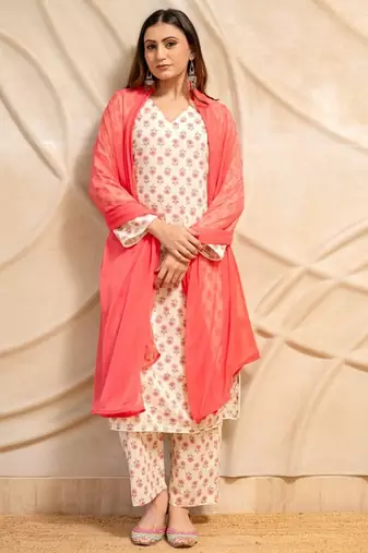 Cream floral printed cotton kurta with straight pants & dupatta  set of 3
