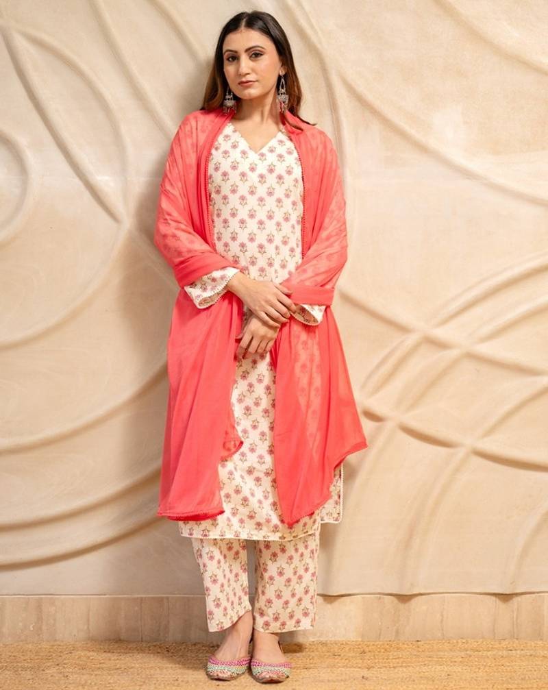 Cream floral printed cotton kurta with straight pants & dupatta  set of 3