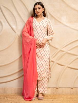 Cream floral printed cotton kurta with straight pants & dupatta  set of 3 5