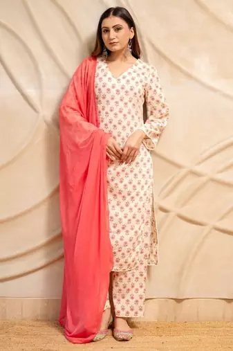 Cream floral printed cotton kurta with straight pants & dupatta  set of 3