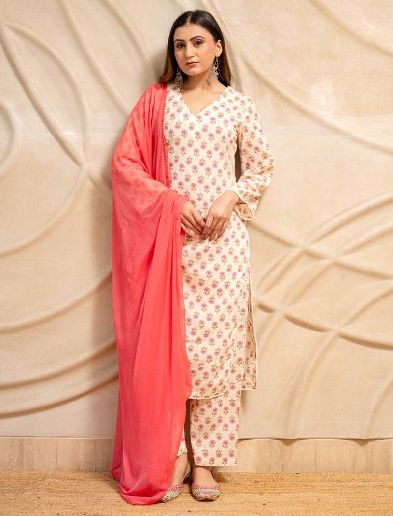 Cream floral printed cotton kurta with straight pants & dupatta  set of 3
