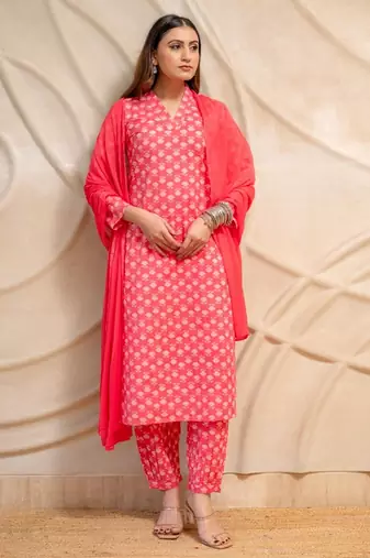 Pink printed kurta with pants & dupatta  set of 3
