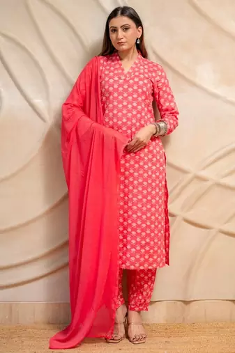 Pink printed kurta with pants & dupatta  set of 3