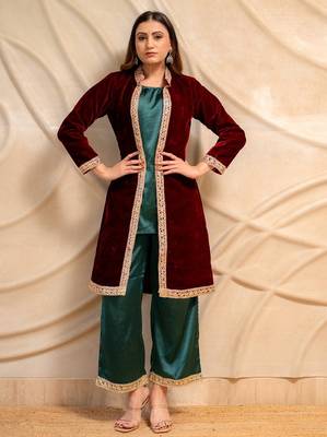 Maroon velvet jacket with green kurta & palazzo  set of 3 1