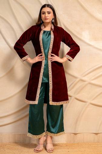 Maroon velvet jacket with green kurta & palazzo  set of 3