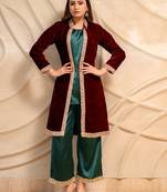 Maroon velvet jacket with green kurta & palazzo  set of 3