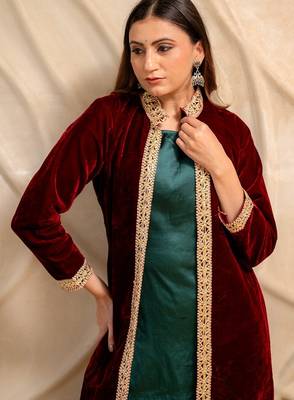 Maroon velvet jacket with green kurta & palazzo  set of 3 2