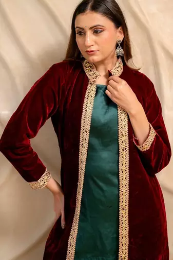 Maroon velvet jacket with green kurta & palazzo  set of 3