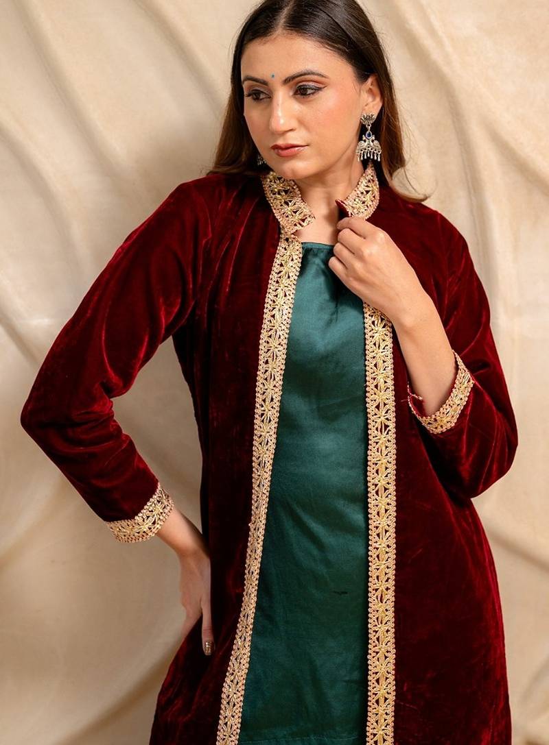 Maroon velvet jacket with green kurta & palazzo  set of 3