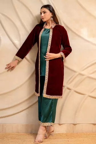 Maroon velvet jacket with green kurta & palazzo  set of 3