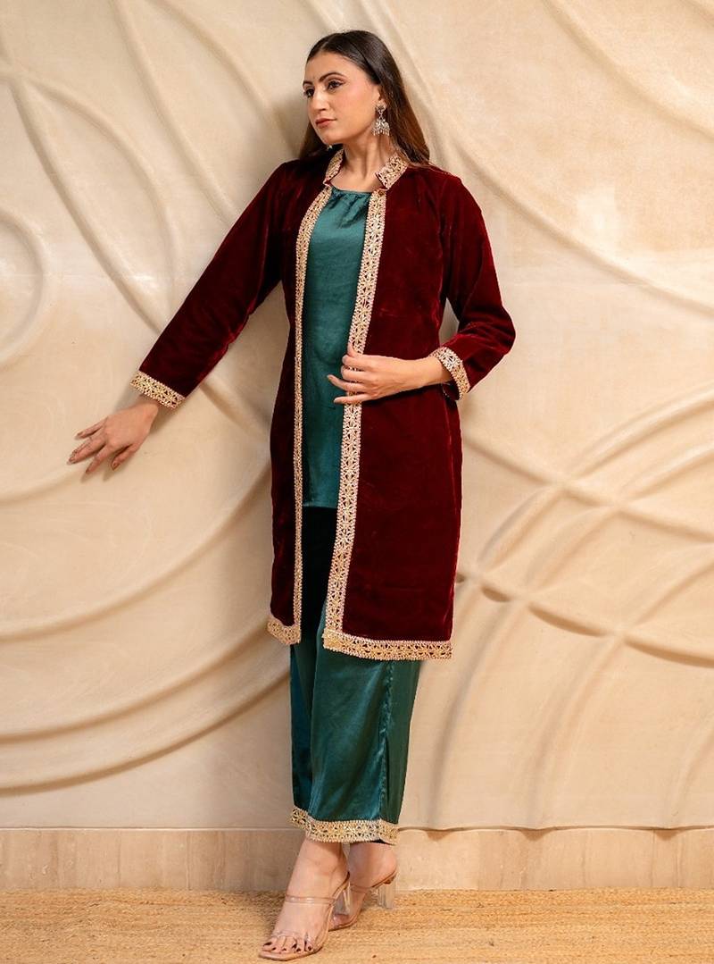 Maroon velvet jacket with green kurta & palazzo  set of 3