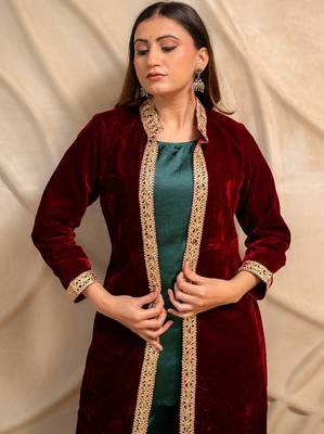 Maroon velvet jacket with green kurta & palazzo  set of 3 4