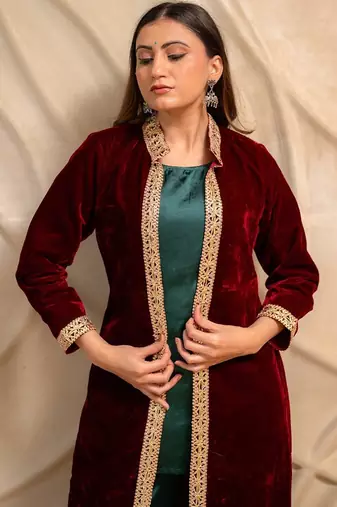 Maroon velvet jacket with green kurta & palazzo  set of 3