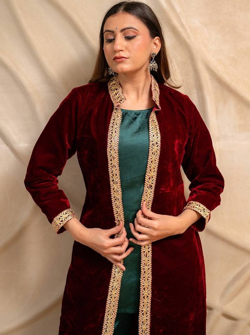 Maroon velvet jacket with green kurta & palazzo  set of 3