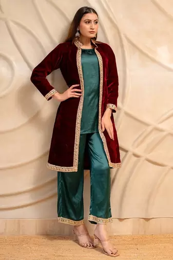 Maroon velvet jacket with green kurta & palazzo  set of 3
