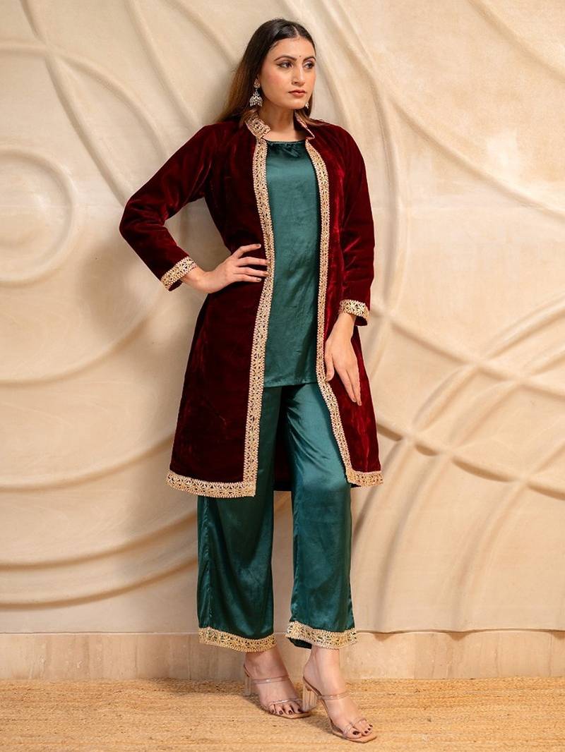 Maroon velvet jacket with green kurta & palazzo  set of 3