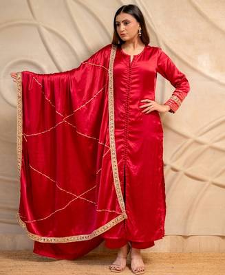 Red satin kurta with pants & dupatta  set of 3 1