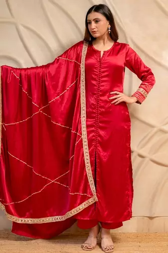 Red satin kurta with pants & dupatta  set of 3