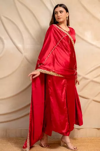 Red satin kurta with pants & dupatta  set of 3