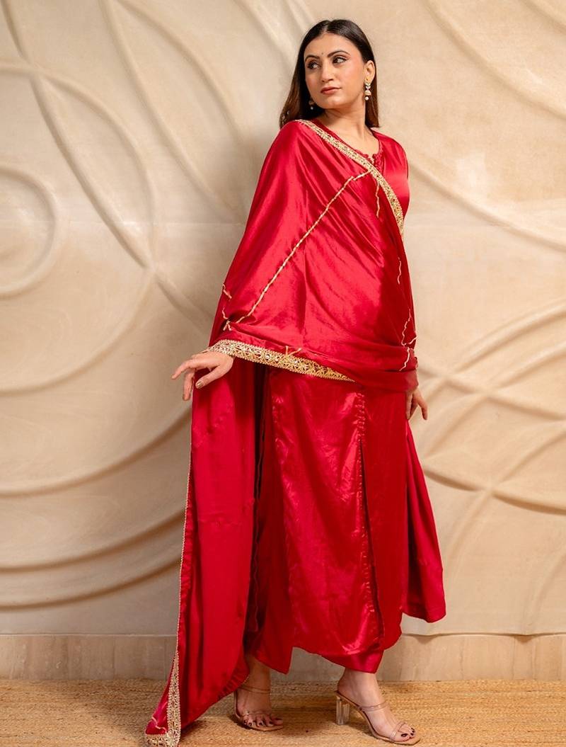 Red satin kurta with pants & dupatta  set of 3