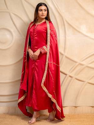 Red satin kurta with pants & dupatta  set of 3 3