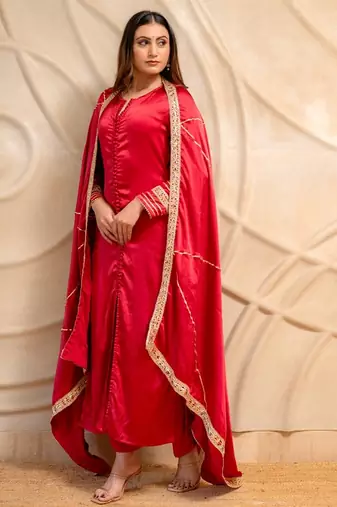 Red satin kurta with pants & dupatta  set of 3