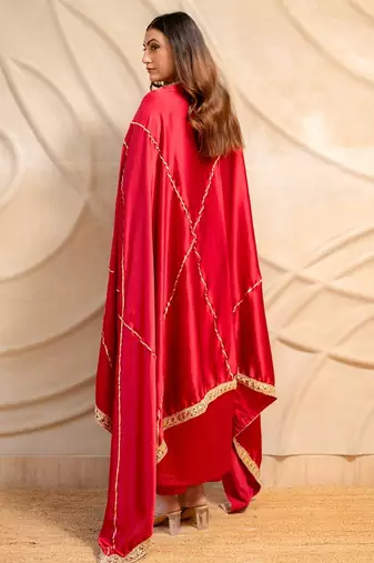 Red satin kurta with pants & dupatta  set of 3