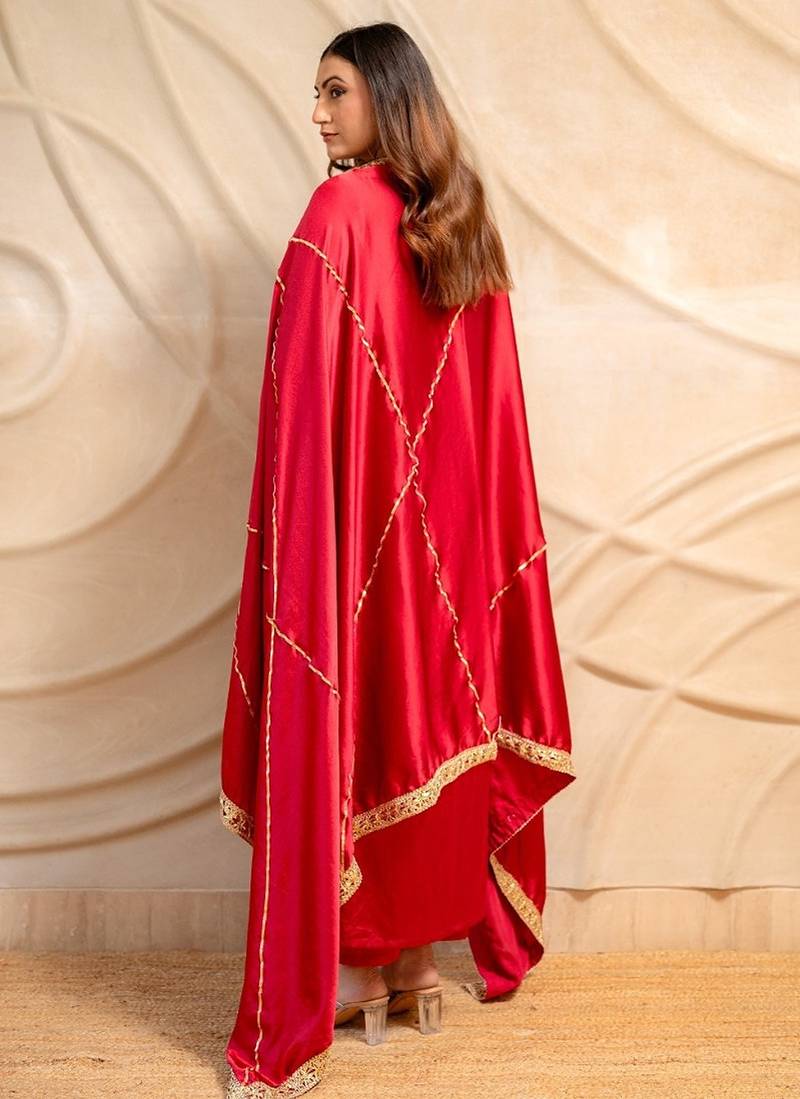 Red satin kurta with pants & dupatta  set of 3