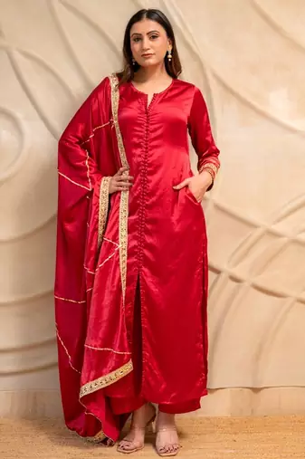Red satin kurta with pants & dupatta  set of 3
