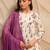 Ivory floral printed straight kurta with pants & purple dupatta  set of 3