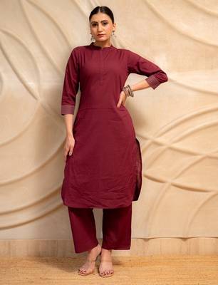 maroon solid straight kurta with pants & dupatta  set of 3 1