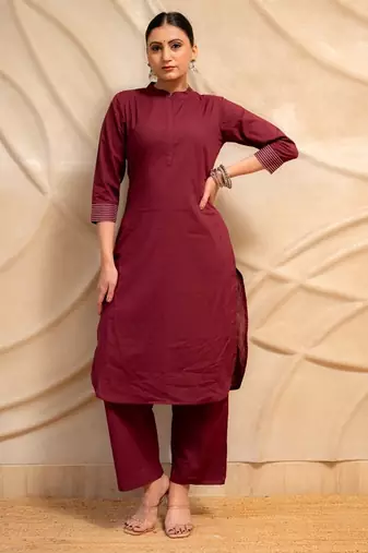 maroon solid straight kurta with pants & dupatta  set of 3