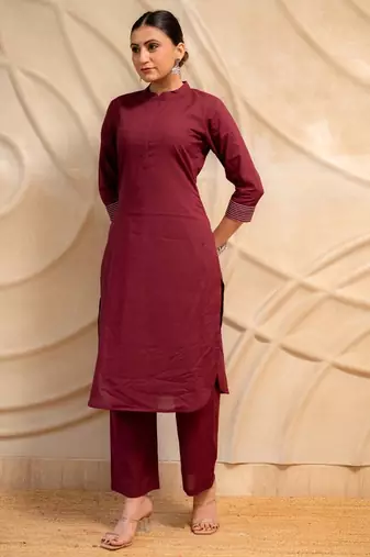 maroon solid straight kurta with pants & dupatta  set of 3