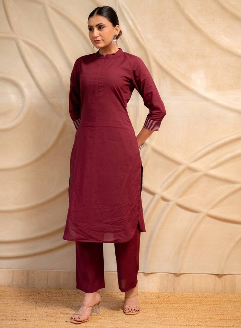 maroon solid straight kurta with pants & dupatta  set of 3
