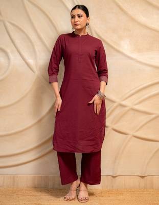 maroon solid straight kurta with pants & dupatta  set of 3 5