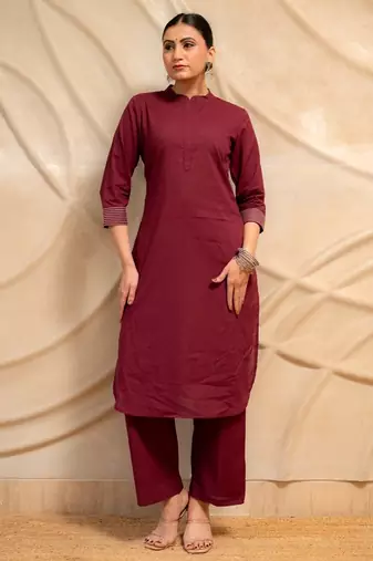 maroon solid straight kurta with pants & dupatta  set of 3
